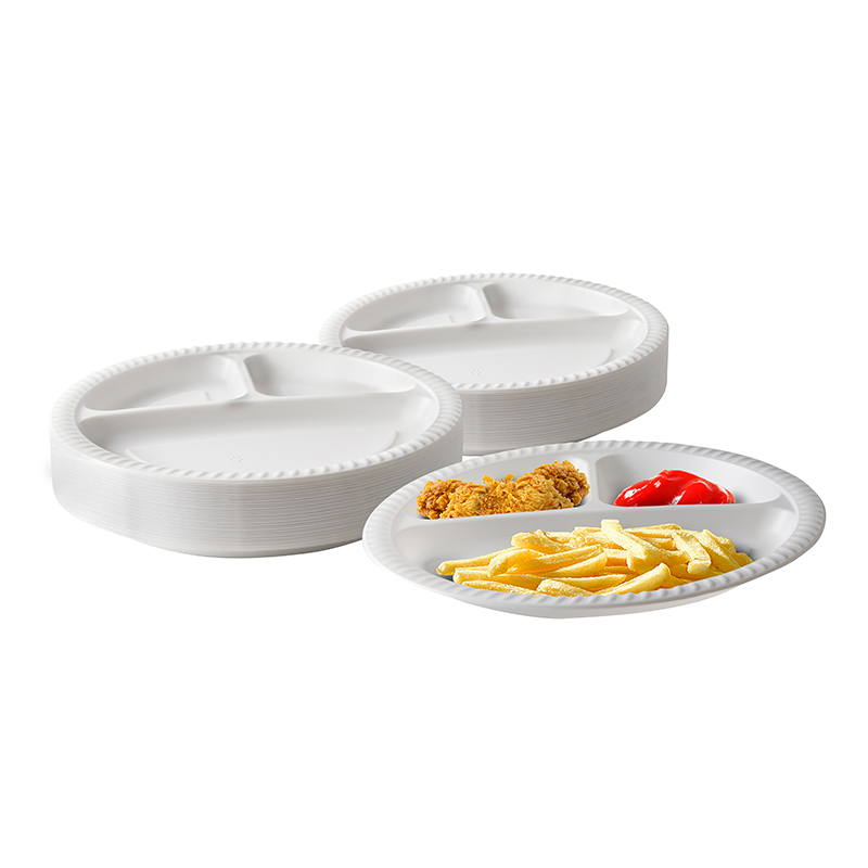 10.25 inch Round White Disposable 3 compartment MFPP Plate Eco-friendly